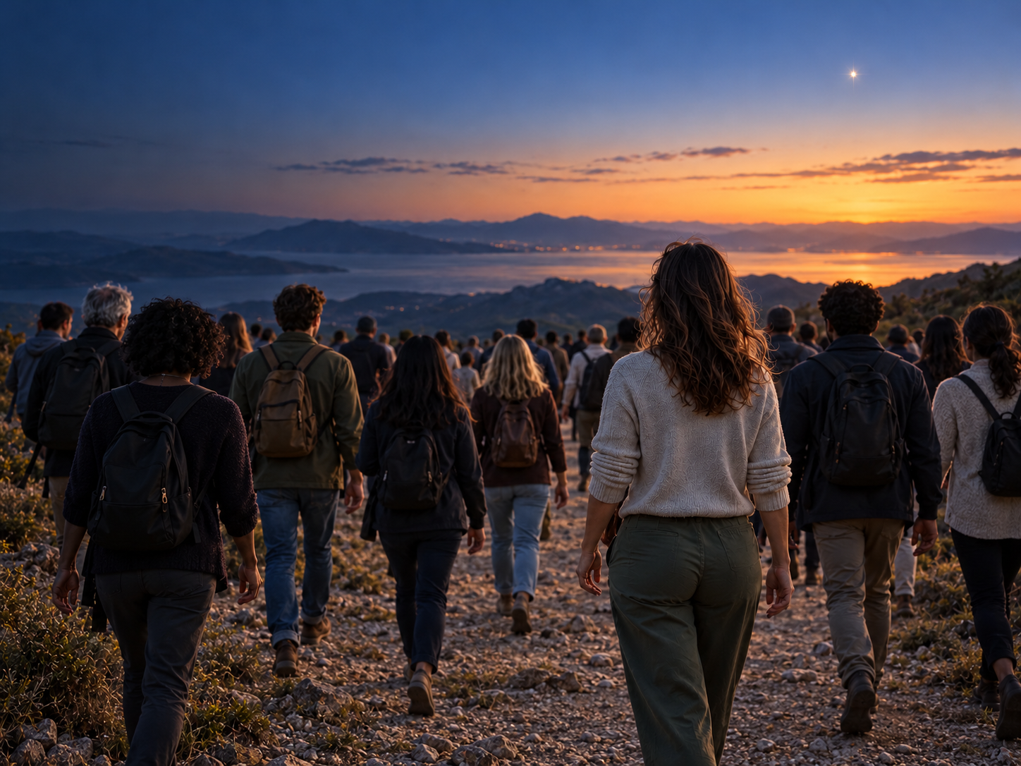 The woman from the hero image, recognisable by her long brown hair and light jumper, walks with a crowd towards a shared horizon.